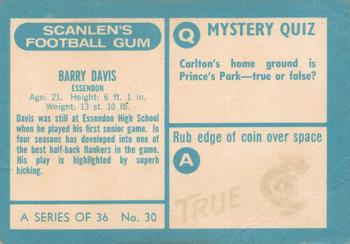 1965 Scanlens VFL #30 Barry Davis Back